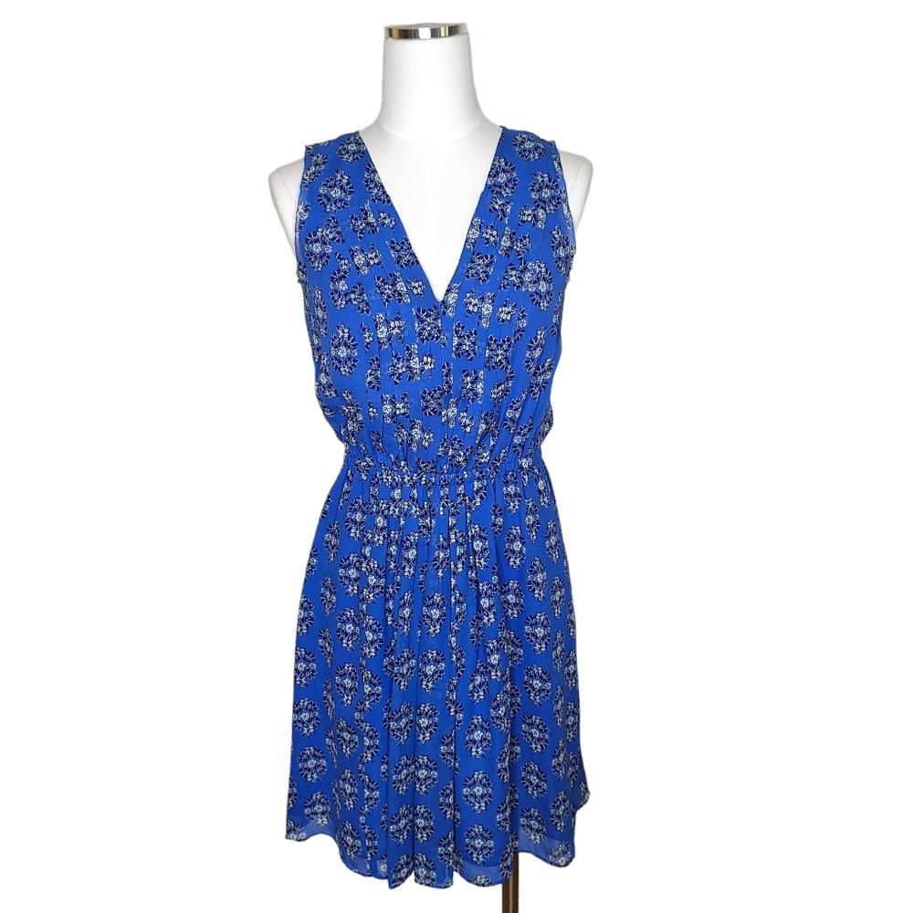 Madewell Silk Pleated Minidress Floral Woodcut Blue Mini Dress 0